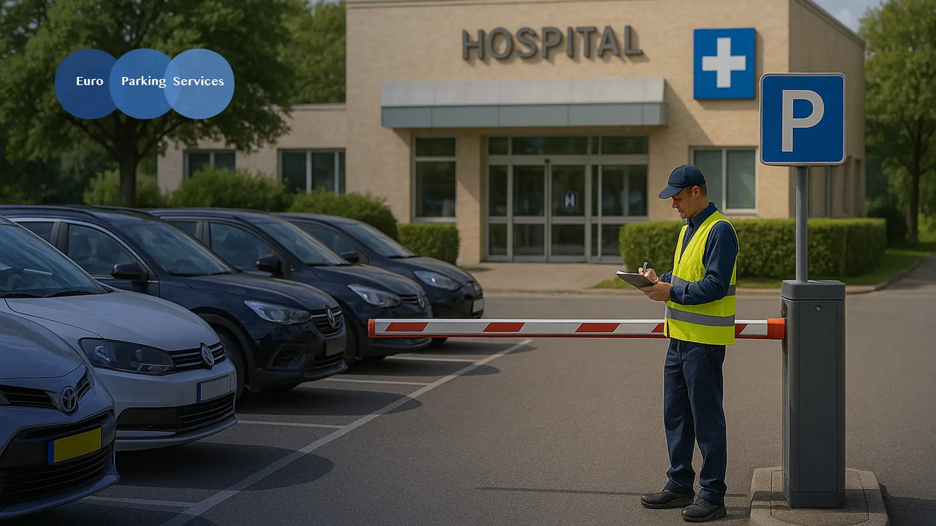 A parking warden checks cars at a hospital car park with a barrier and parking sign visible.