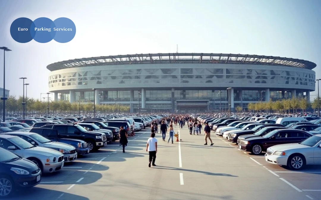 A large stadium with a modern design and spacious, well-organised car park filled with various vehicles.