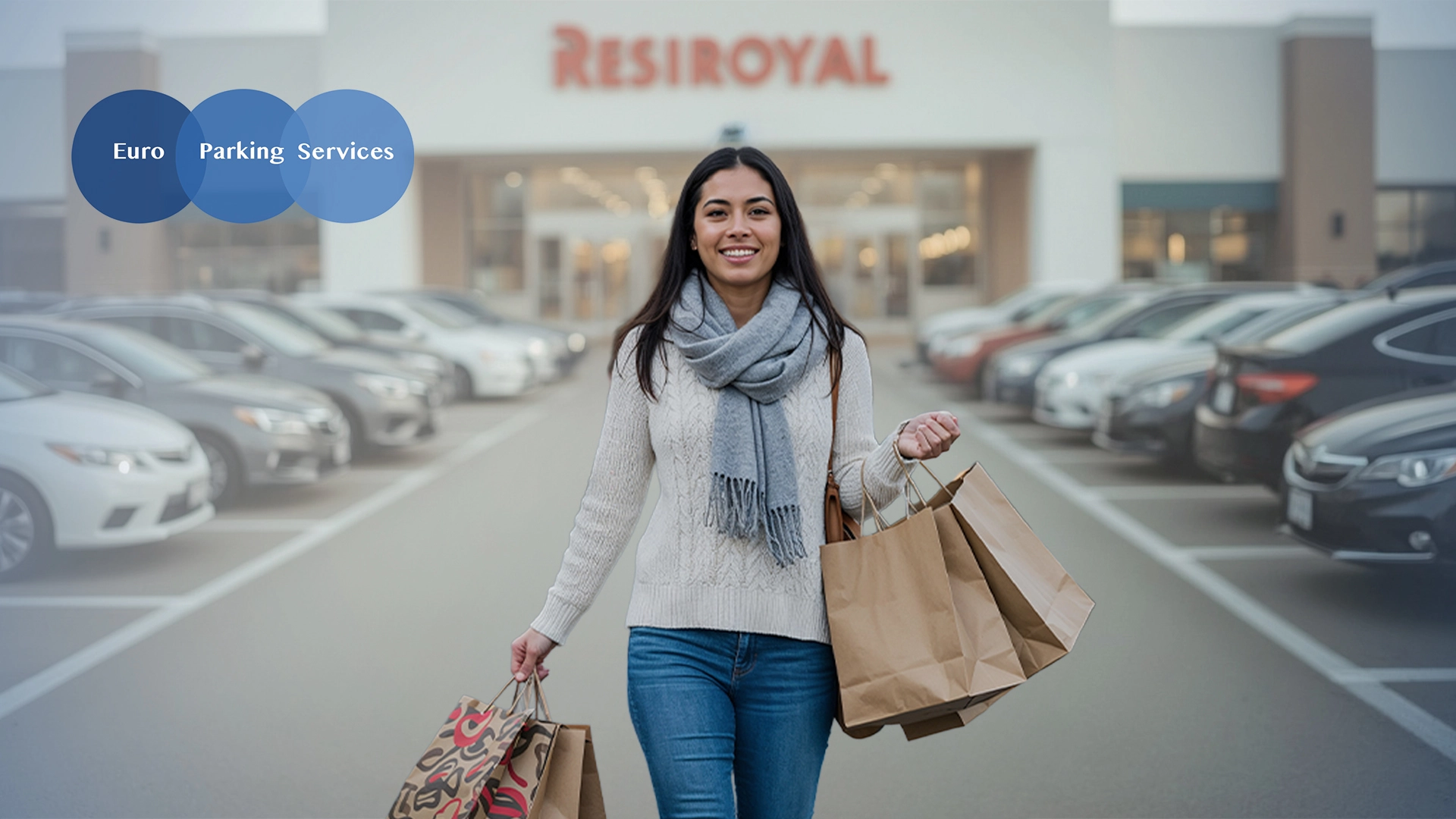 a woman handing the bags and walk in the parking