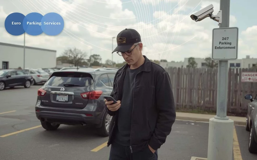 A guy checking his phone in a monitored car park with a 24/7 parking enforcement camera