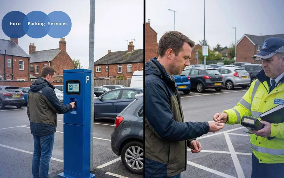 A man using a pay-and-display parking machine in a UK car park on the left, and on the right a parking warden checking payment.
