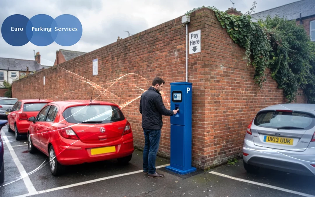 A man using a pay and display parking machine in a car park with parked cars