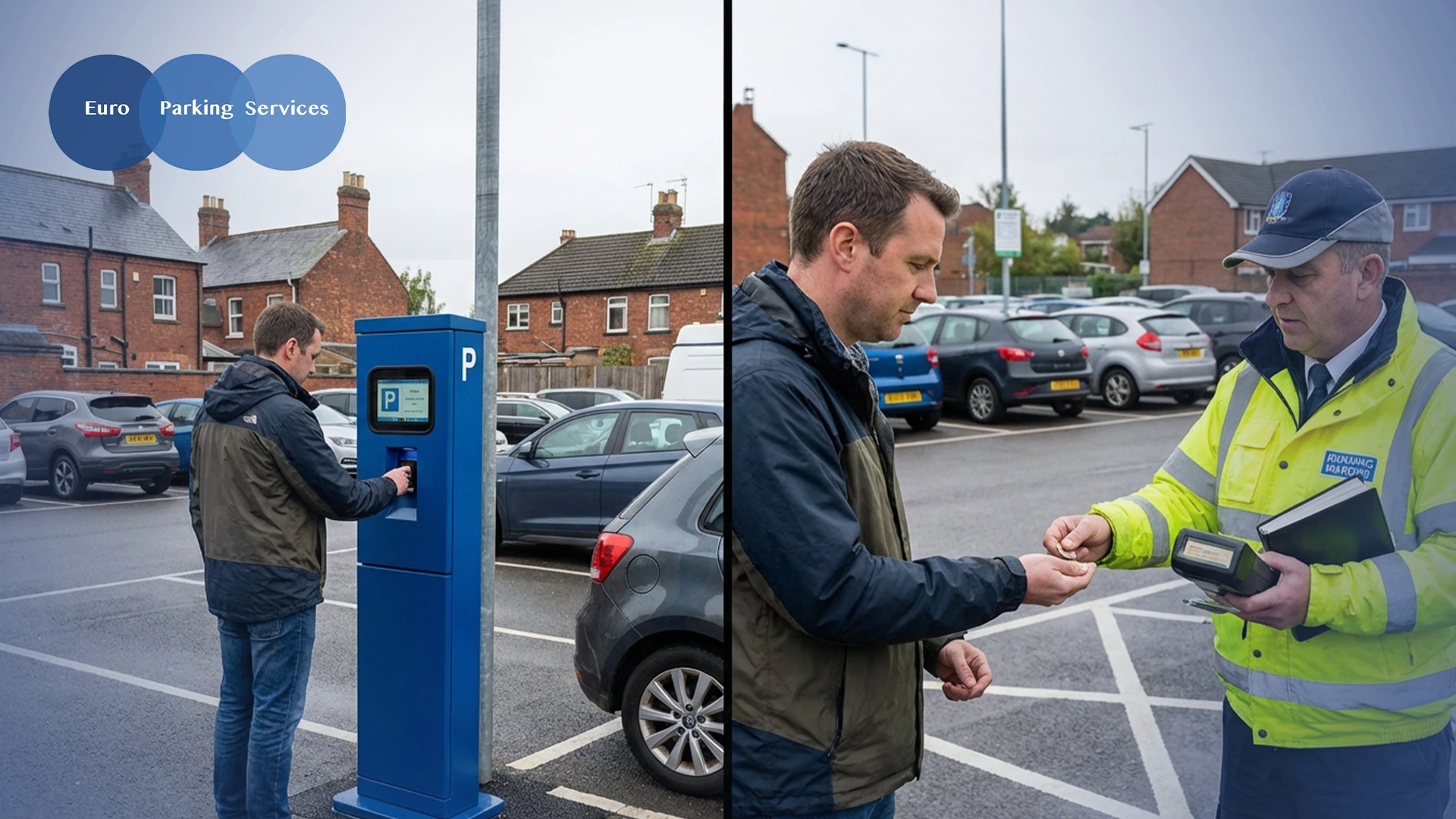A man using a pay-and-display parking machine in a UK car park on the left, and on the right a parking warden checking payment.