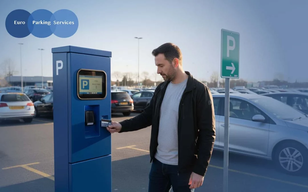 Man using a pay and display parking machine in a car park