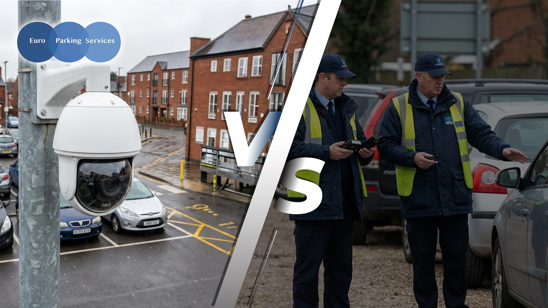 CCTV camera monitoring a car park versus parking wardens checking vehicles