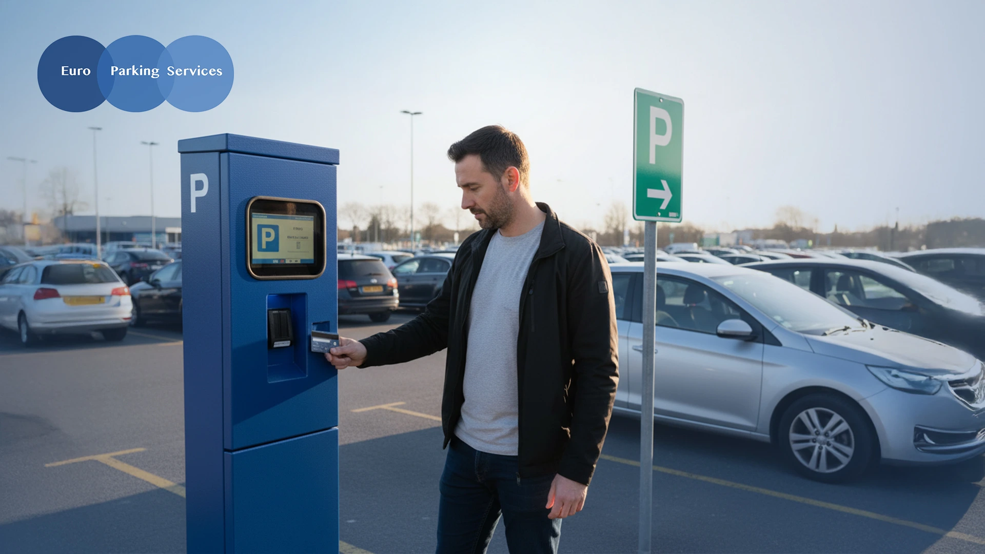 Man using a pay and display parking machine in a car park