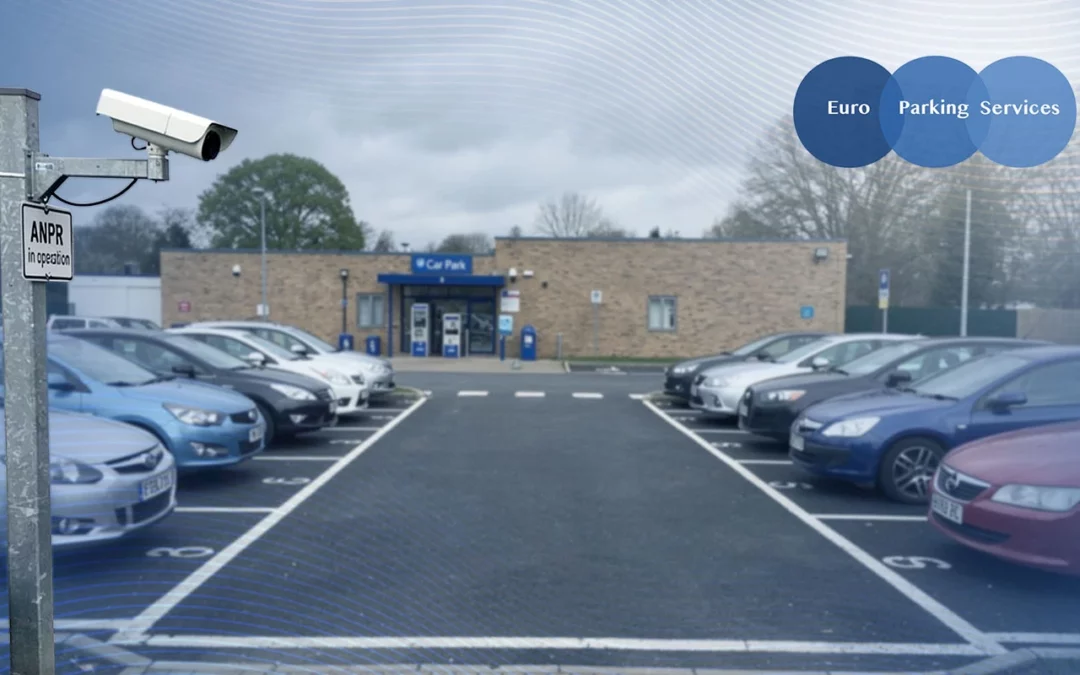 ANPR camera in UK car park with parked vehicles