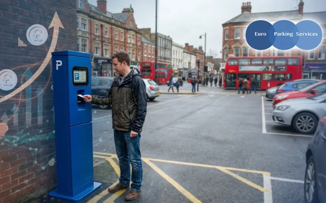 A man using a pay-and-display parking machine on a busy UK high street.