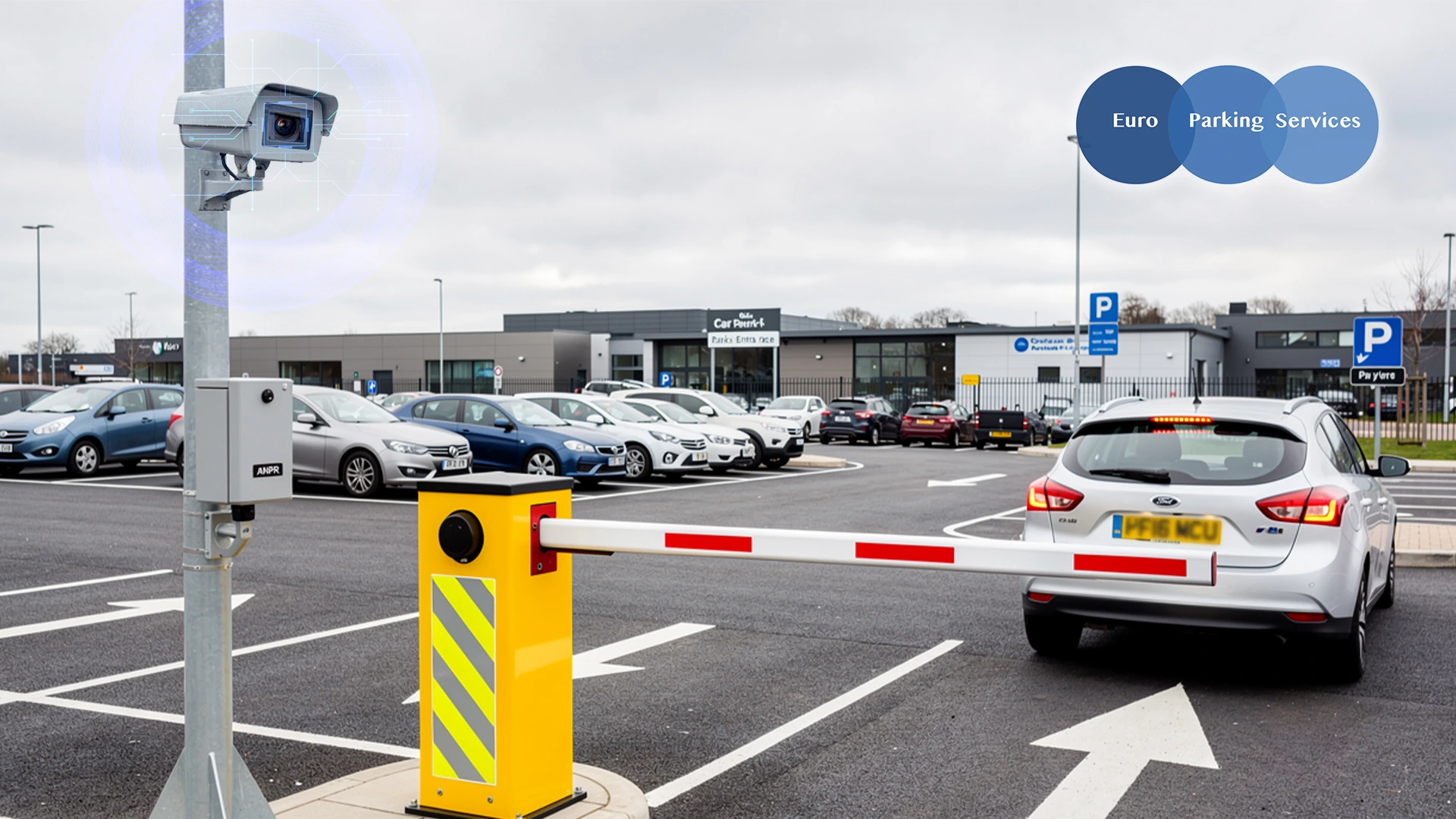 ANPR camera at car park entrance with barrier and vehicles
