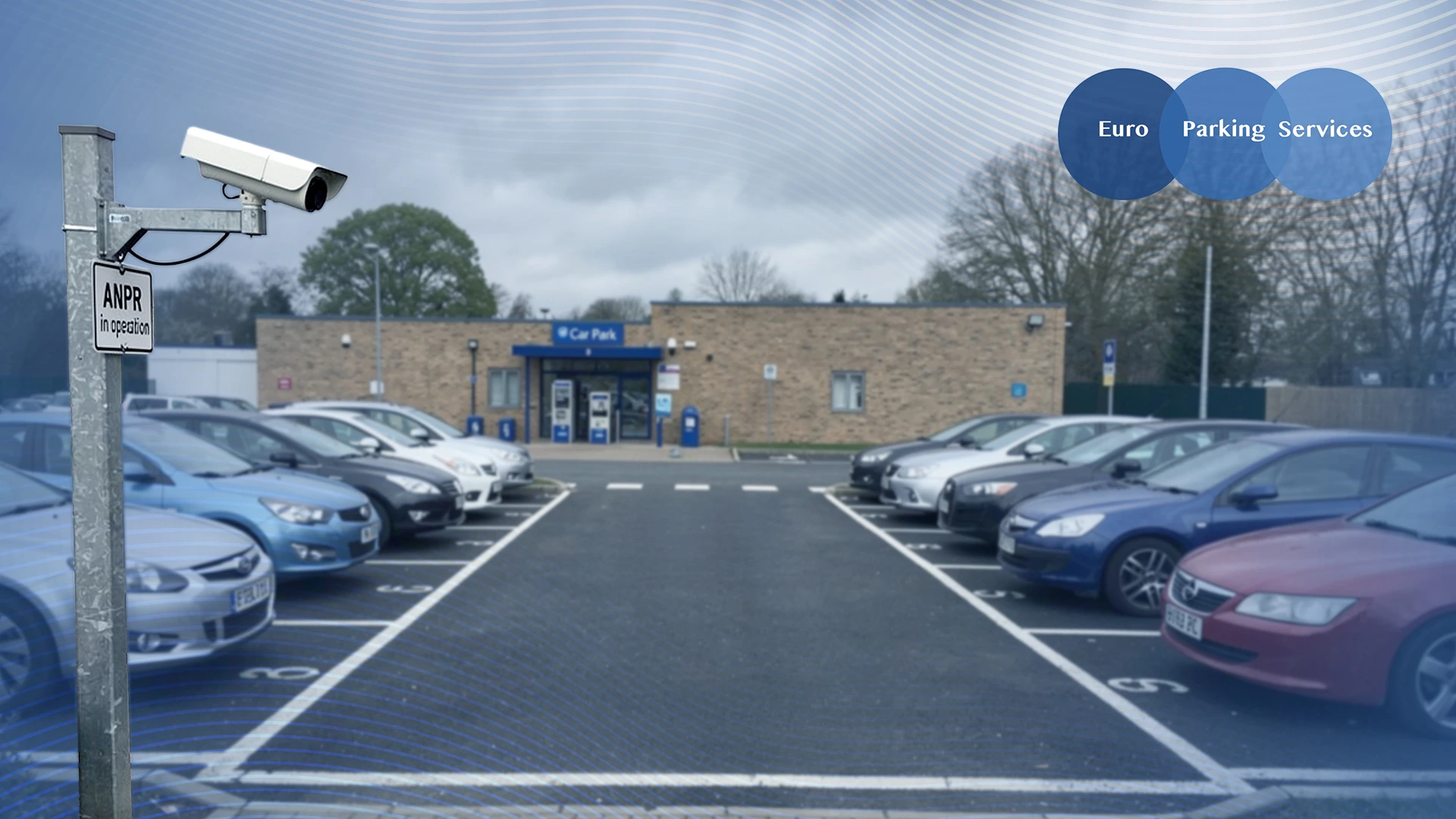 ANPR camera in UK car park with parked vehicles