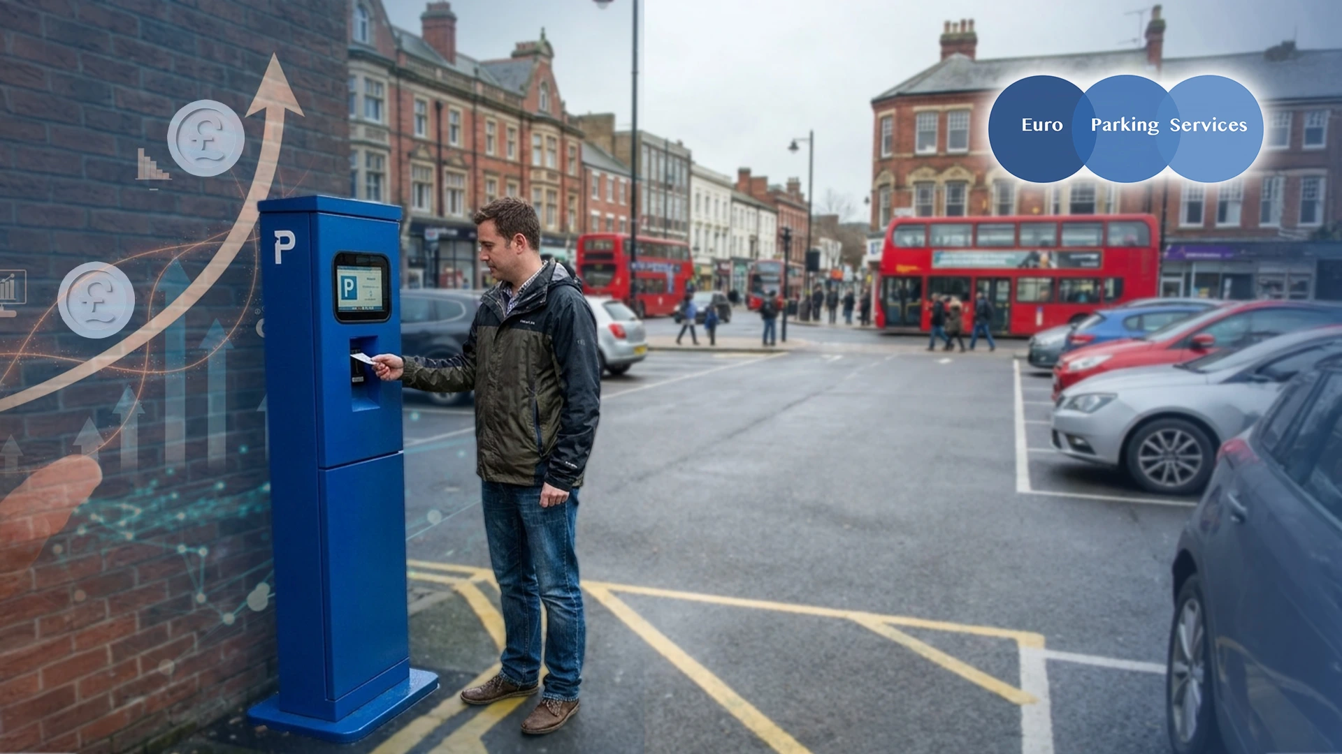 A man using a pay-and-display parking machine on a busy UK high street.