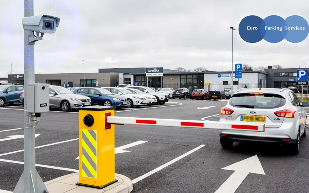 ANPR camera at car park entrance with barrier and vehicles